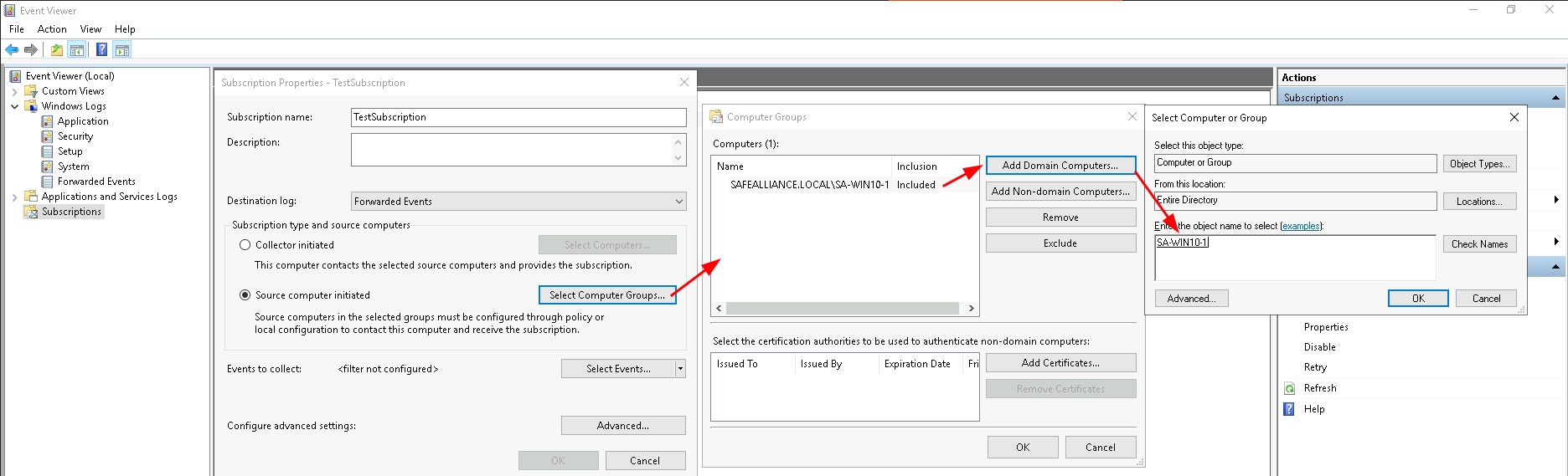 Setting source computers for the subscription
